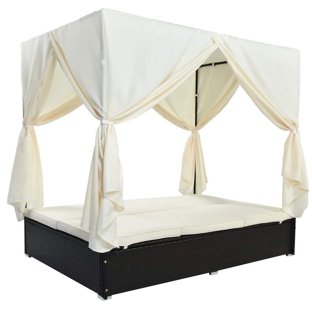 Black Wicker Outdoor Day Bed,Patio Sunbed,Adjustable Seats,with Beige Cushi