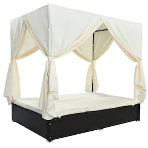 Black Wicker Outdoor Day Bed,Patio Sunbed,Adjustable Seats,with Beige Cushions and Canopy,for Gardens,Backyard,Porch