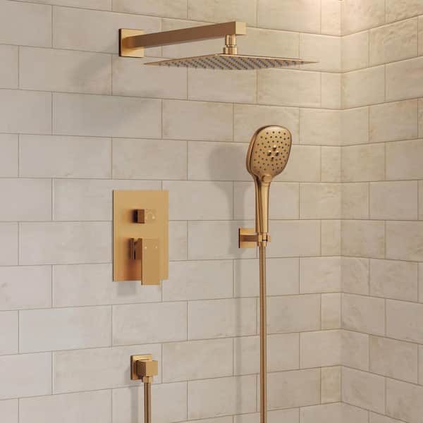 3-Spray 10 and 6 in. Dual 3 in 1 Ceiling Mount Fixed and Handheld Shower Head 2.5 GPM in Brushed Gold Valve Included