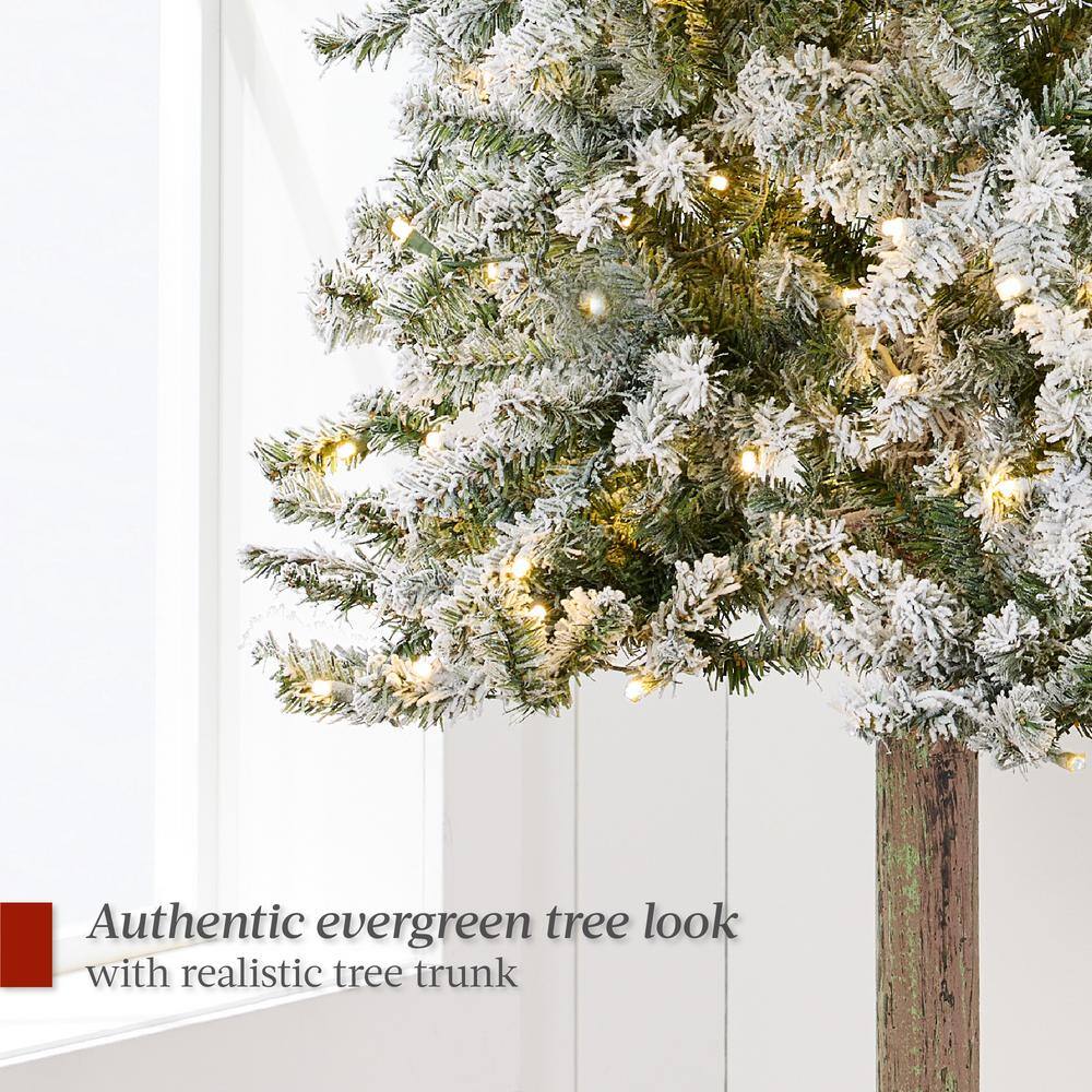 6ft Pre-Lit Snow Flocked Slim Pencil Alpine Christmas Tree with LED Lights and Metal Stand