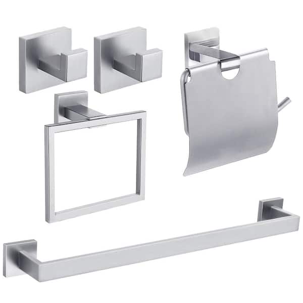 yulika 5-Piece Bath Hardware Set Towel Bar Set with 16 in. Towel Bar/Rack Toilet Paper Holder Towel Hooks in Sliver