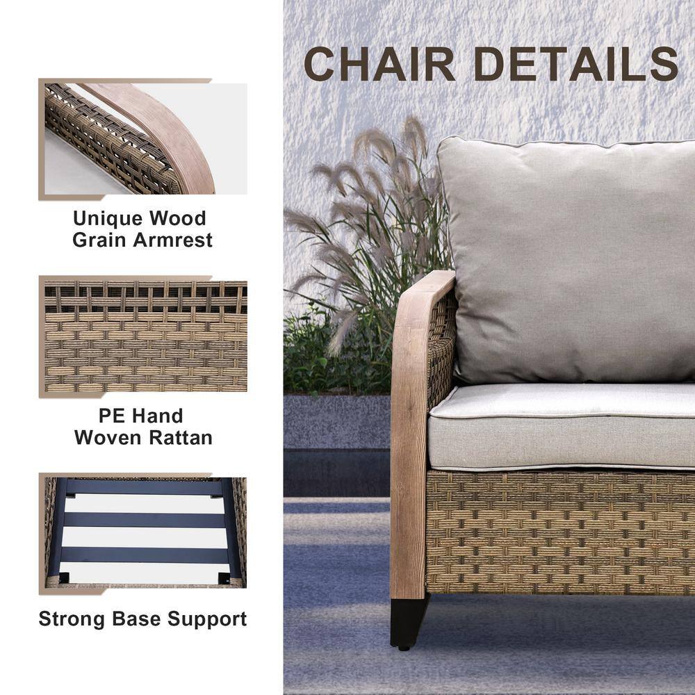 5-Piece Brown Steel Wicker Patio Set with Gray Cushions
