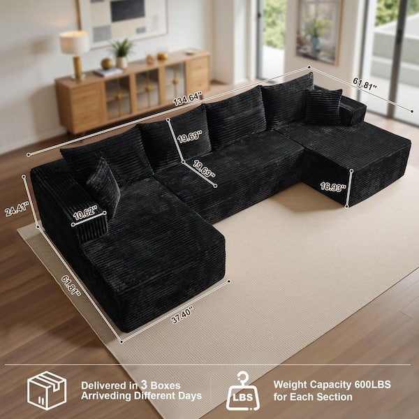 Allwex Varo 134 in. Wide Arm 3-Piece Modern Plush Corduroy U-Shape