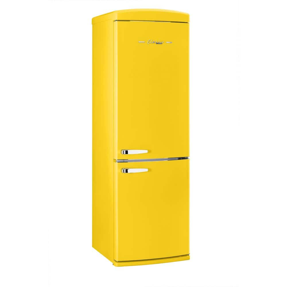 Canary Yellow Retro Bottom Freezer Refrigerator with Chrome Handles