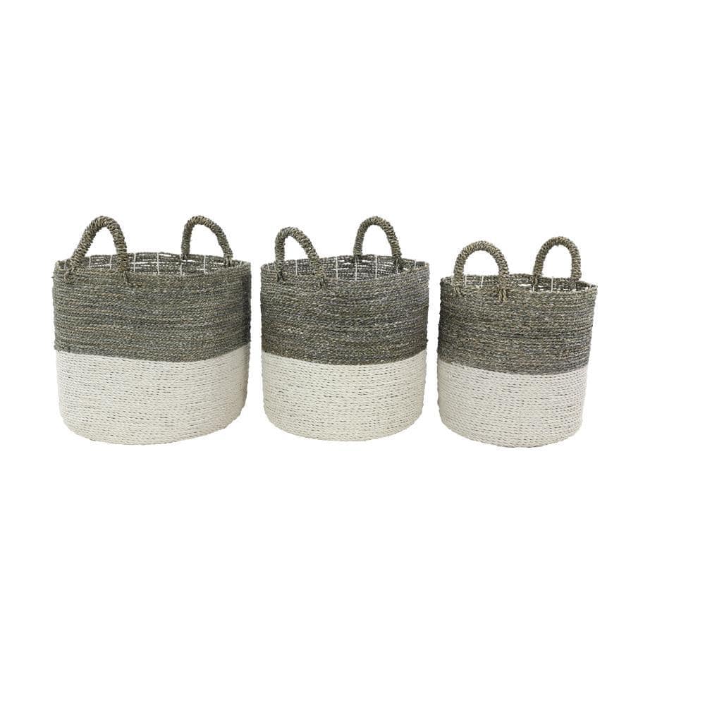 Coastal Charm White and Natural Seagrass Round Storage Baskets, Set of 3