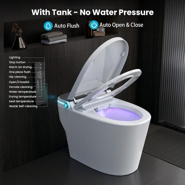 Elongated Smart Toilet with Bidet Built-In 1.28 GPF Bidet Toilet with Tank Auto Flush Auto Close/Open Lid Foot Sensor