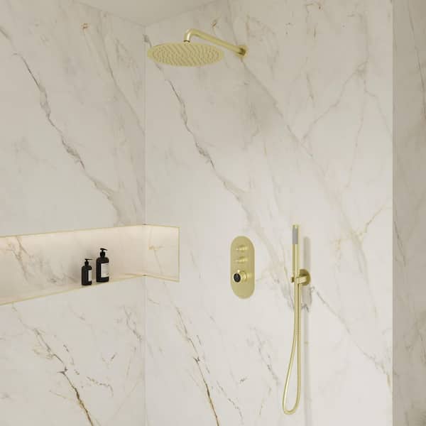 Angelsey 3-Spray 12in. Wall Mount Dual Shower Head Handheld Shower Head 1.8 GPM in Brushed Zirconium Gold Valve Included