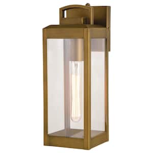Kinzie 1 Light Brass Outdoor Wall Lantern with Dusk to Dawn Photocell, Clear Glass