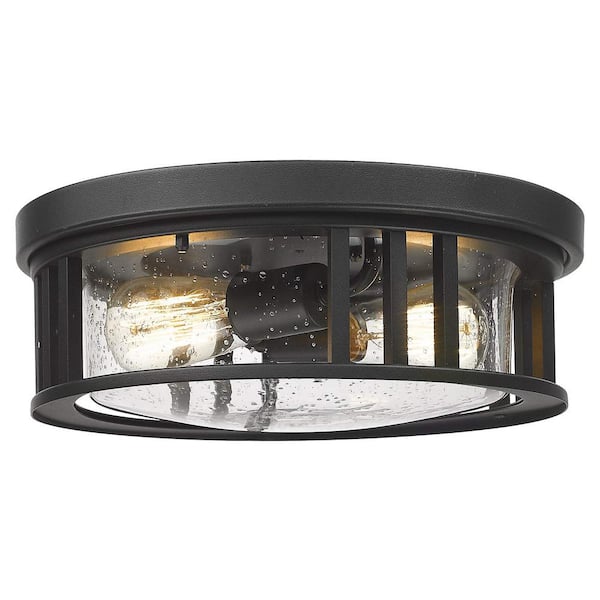 JAZAVA 13 in. 2-Light Black Finish with Seeded Glass Flush Mount Ceiling Light