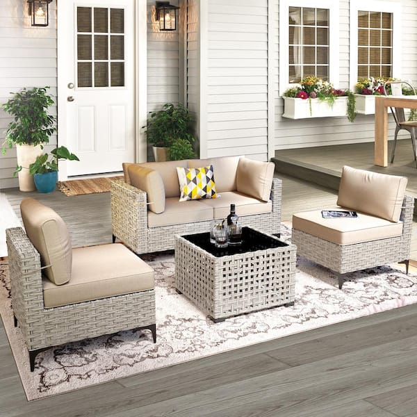 XIZZI Apollo 5-Piece Wicker Outdoor Patio Conversation Seating Set with Beige Cushions