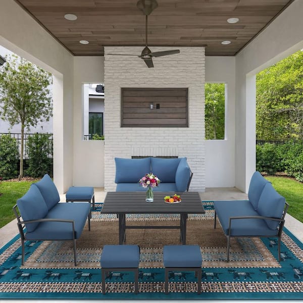Sudzendf 7-Piece Wicker Outdoor Conversation Patio Furniture Set with Dark Blue Cushions