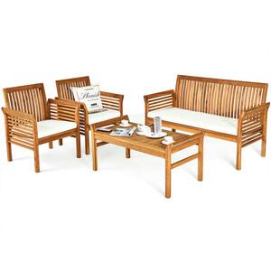 4-Pieces Outdoor Acacia Wood Sofa Furniture Set with Beige Cushion