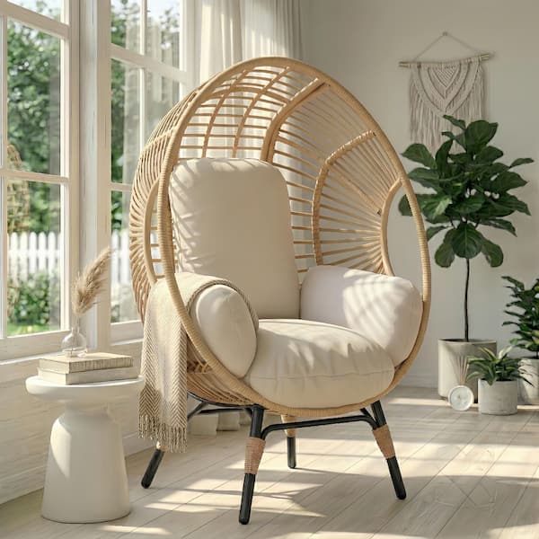 1-Person Light Tan Wicker Egg Swing Chair with Beige Cushion for Bedroom Garden Backyard Balcony