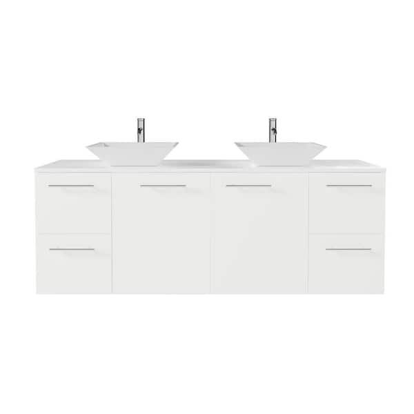 Eviva Luxurious 60 in. Double Sink Floating White Bath Vanity with White White Quartz Top (Assembled)