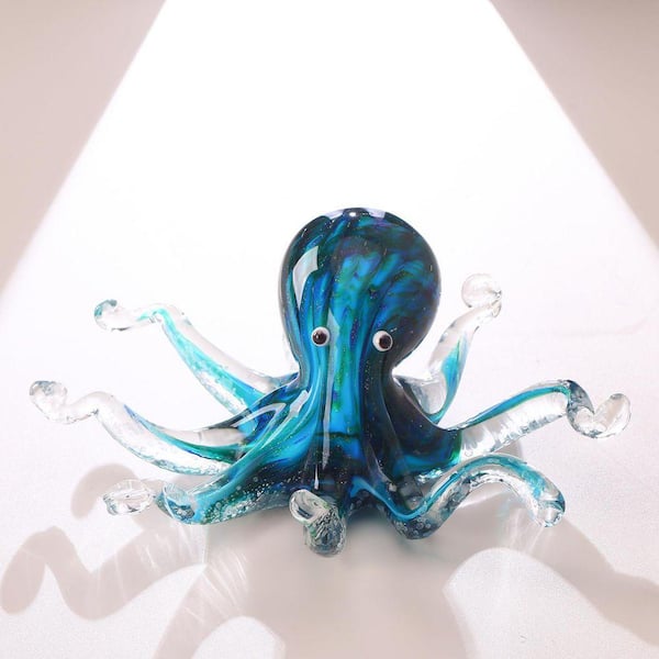 3.14 in x 7.4 in. Blue Hand-Blown Glass Octopus Statue-Murano Art