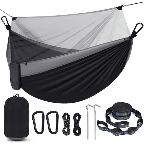 9.5 ft. Portable Lightweight Hammock with Tree Straps and Solid D-Shape Carabiners, Parachute Nylon, Camping, Black