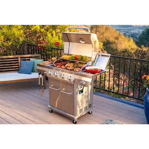 4 Burner Stainless Steel Propane Gas Grill with Side Burner