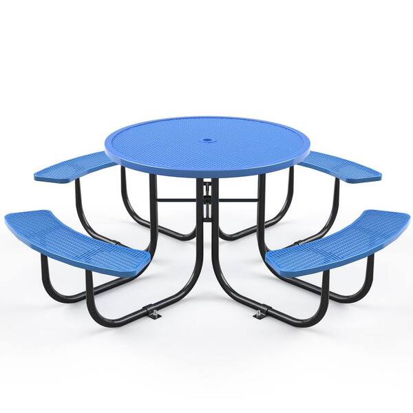 Sudzendf 46 in. W Outdoor Blue Round Metal Picnic Table with Umbrella ...