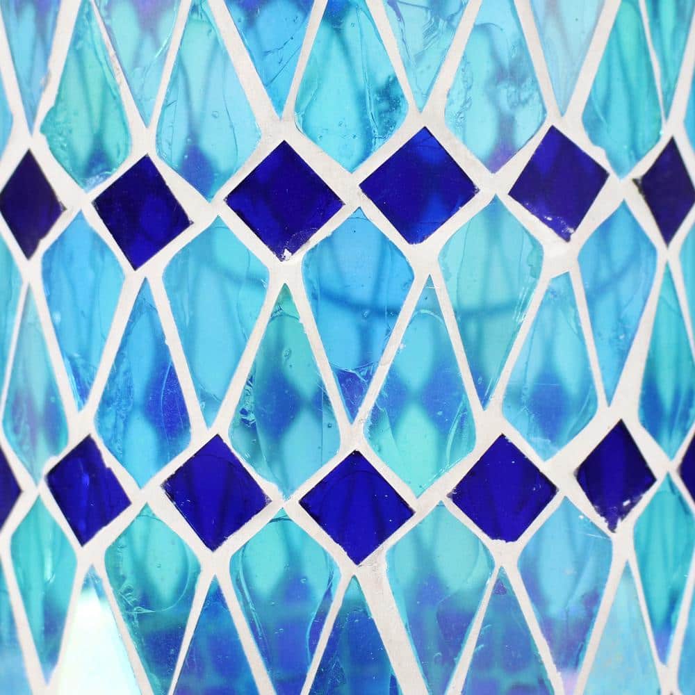 Cool Blue Mosaic Glass Solar LED Outdoor Lantern with Metal Frame