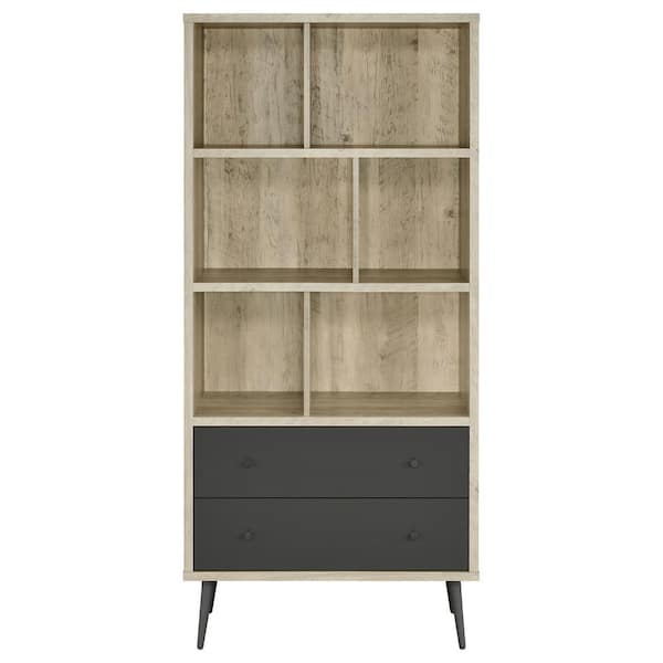 Maeve 70 in. Tall Antique Pine and Gray Engineered Wood 3-Shelf Modern Standard Bookcase with-Drawers