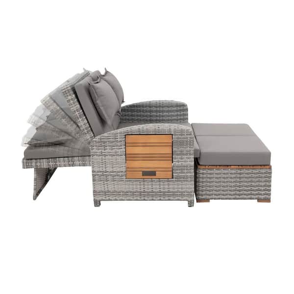 GREEMOTION Bahia Tobago Gray 2-Piece FSC Teak Wood Outdoor Modular Day Bed  With Gray Cushion GHN-3221HZ - The Home Depot