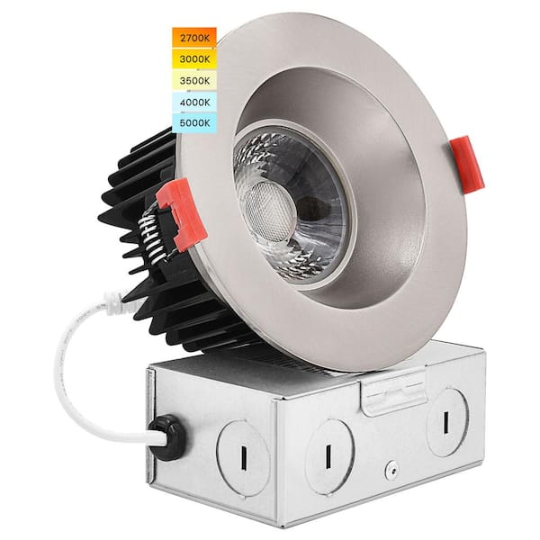 LUXRITE 4 in. LED Recessed Light J-Box 15-Watt 5 Color Selectable 1100 Lumens Dimmable Wet Rated IC Rated Brushed Nickel