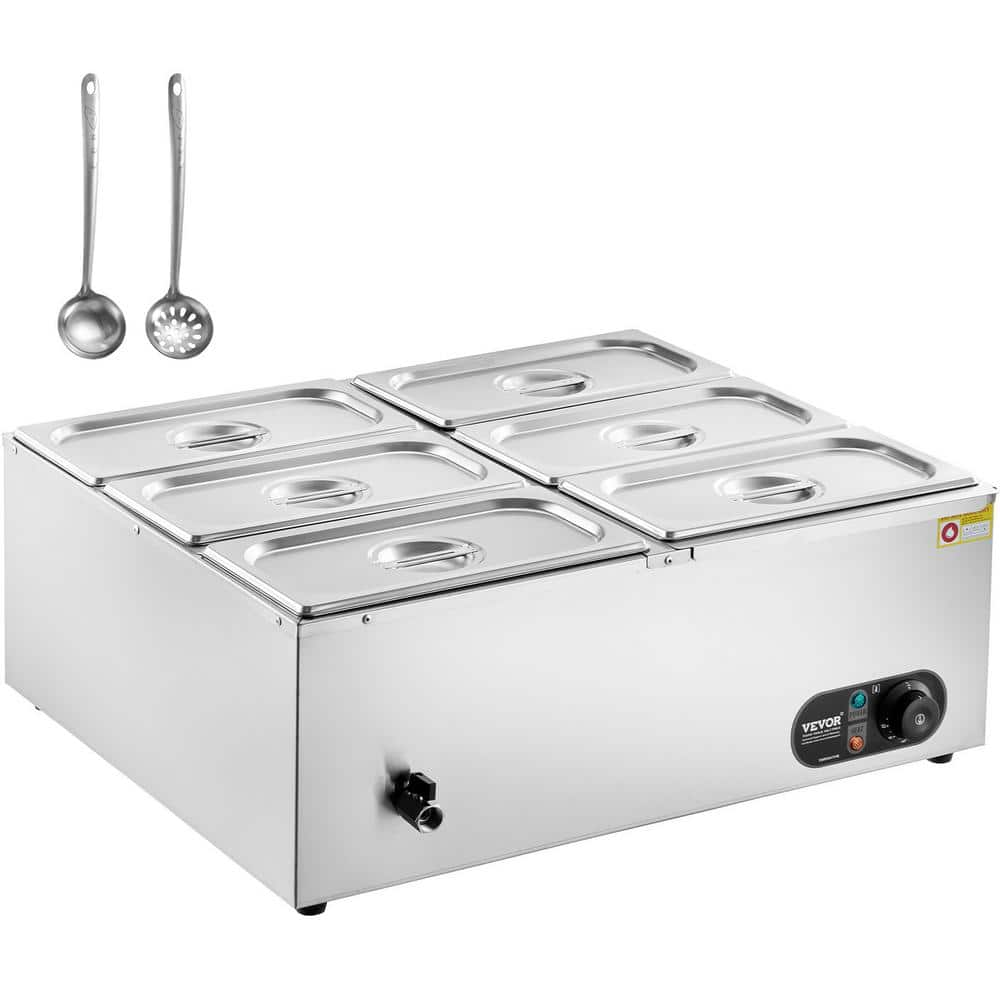 VEVOR 6-Pan Commercial Food Warmer, 6 qt. x 5 qt. Electric Steam Table, 1500-Watt Professional Countertop Stainless Steel