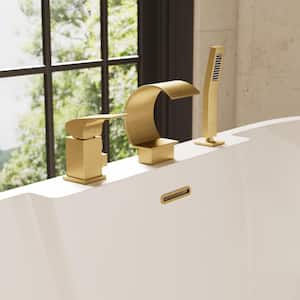 Bathtub Faucet Single-Handle Deck Mount Roman Tub Faucet with Handheld in Brushed Gold Valve Included