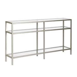 Sivil 55 in. Nickel Standard Rectangle Glass Console Table with Storage