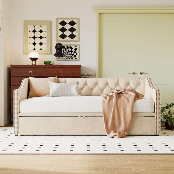 Beige Twin Upholstered Daybed with Pop Up Trundle