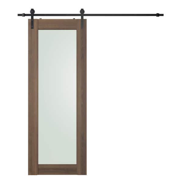 Vona 207 36"x 96" Full Lite Frosted Glass Pecan Nutwood Finished Composite Core Wood Sliding Barn Door with Hardware Kit