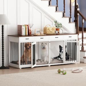 86.6 in. Large Dog Crate Furniture Wooden Dog Crate Kennel with 4 Drawers and Divider Dog Crates for 2 Large Dogs Indoor