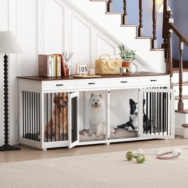 FUFU&GAGA 86.6 in. Large Dog Crate Furniture Wooden Dog Crate Kennel with 4 Drawers and Divider Dog Crates for 2 Large Dogs Indoor