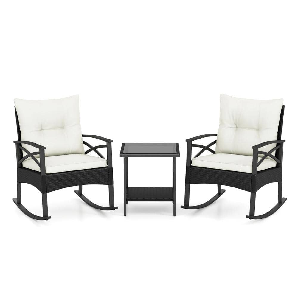 3-Piece PE Rattan Patio Rocking Chair Set with Cushions and 2-Tier Side Table, White price history on PriceWatchPro
