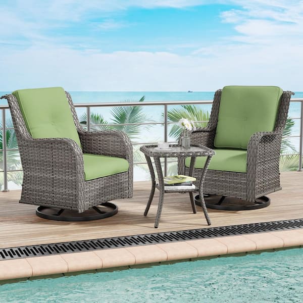 Gardenbee 3-Piece Wicker Swivel Outdoor Rocking Chairs Patio Conversation Set with Green Cushions
