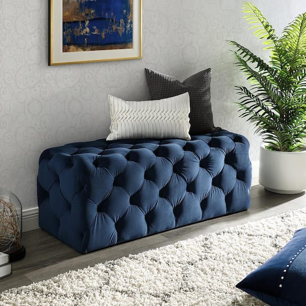 Inspired Home Norman Navy Velvet Tufted Allover Upholstered Bench