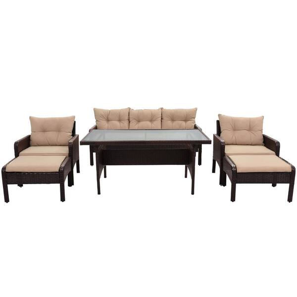 cenadinz 6-Piece Wicker Patio Conversation Set with Light Coffee Cushions