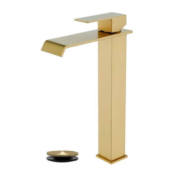 High Arc Single Handle Single Hole Bathroom Faucet with Drain Kit Included in Gold