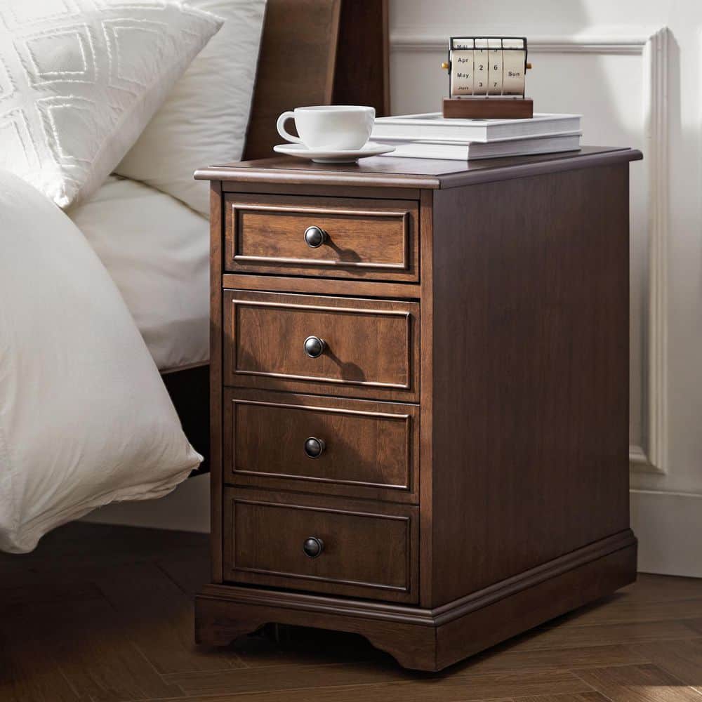 Ruperto Walnut 14 in. W MDF Rectangle End Table with Hooded Caster Wheels and Built-In Outlets