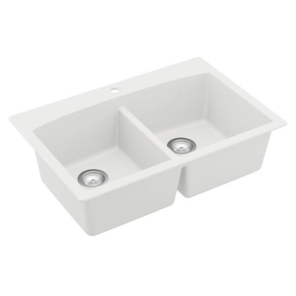 Karran QT-710 Quartz/Granite 33 in. Double Bowl 50/50 Top Mount Drop-In  Kitchen Sink in White with Bottom Grid and Strainer QT-710-WH-PK1 - The  Home Depot