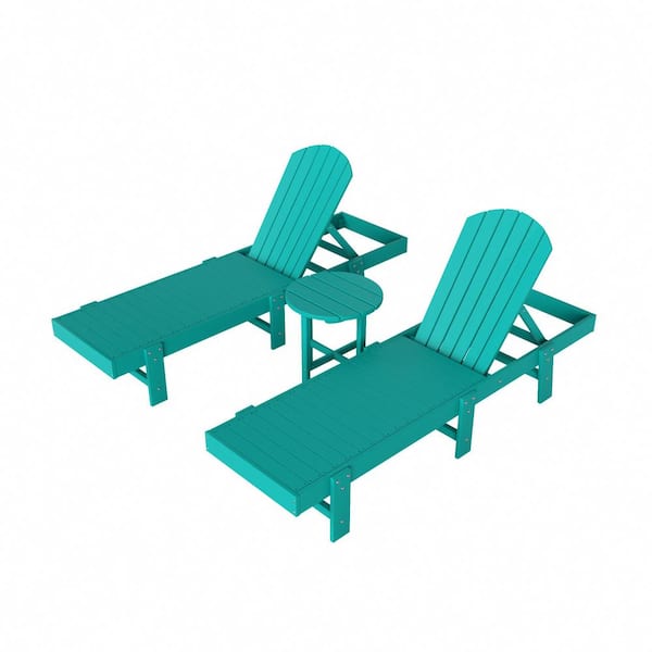 Altura 3PC Outdoor Patio Classic Adjustable Adirondack Backrest Chaise Lounge and 18 in. Round Side Table Set, Turquoise