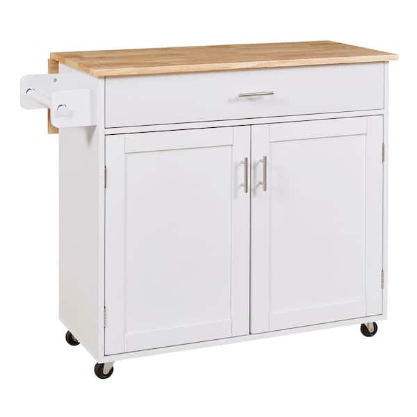Unbranded European 39 in. Rubber Wood White Kitchen Cart with Cabinets, Drop Leaf and Extra Large Drawer