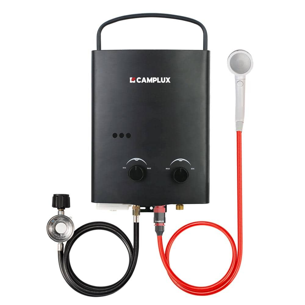 1.32 GPM Outdoor Portable Propane Tankless Water Heater with Showerhead / Gas Hose, Black -  CAMPLUX, AY132B-N1