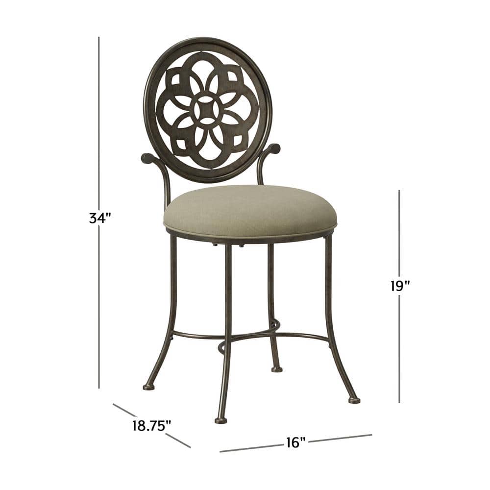 Antique Gray Metal Vanity Stool with Cream Upholstery