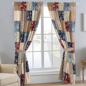 53 in. W x 84 in. L Floral Patchwork Rod Pocket Room Darkening Window Curtain Panel Drapes in Navy Blue Brown Red