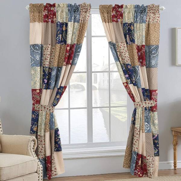 Red-Blue Drapes Two Curtain Panels w/ Tie-backs 84" American Living White 