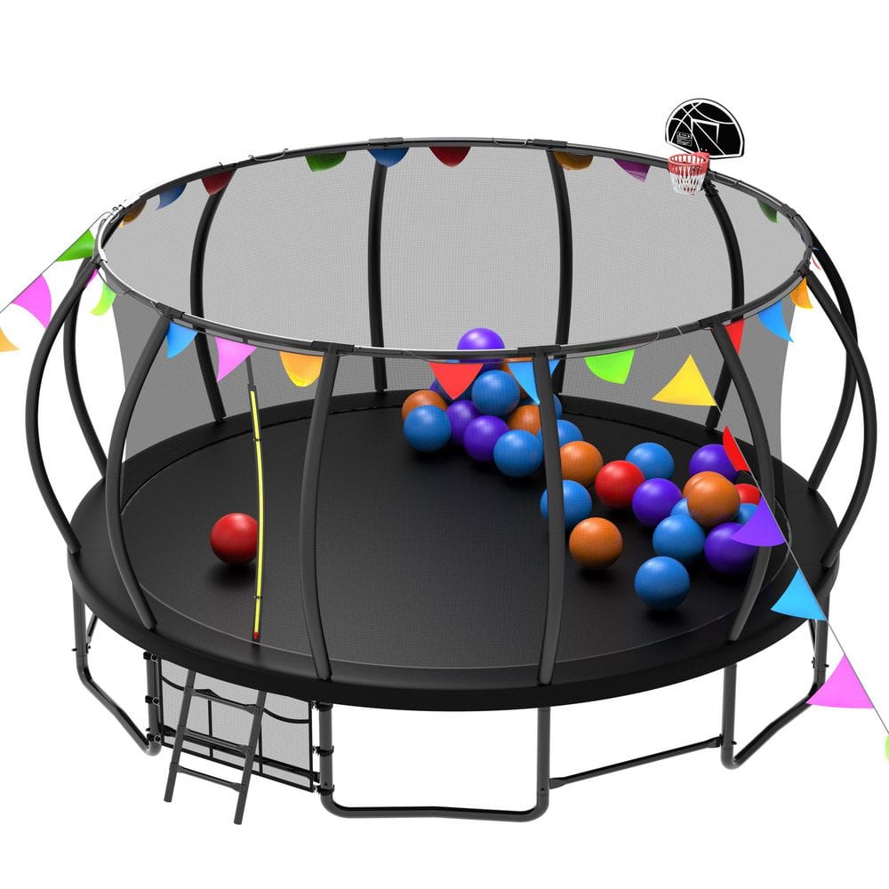 Black 16 ft. Outdoor Trampoline for Kids and Adults, Pumpkin Trampolines wi