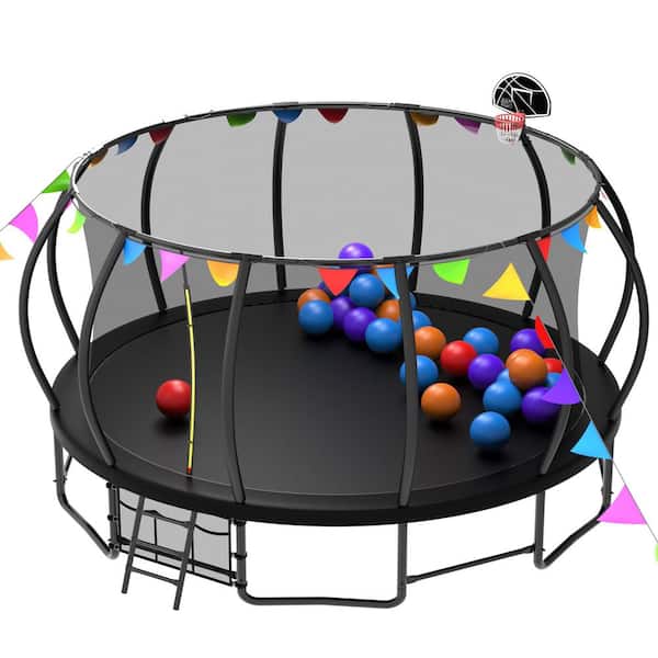 Unbranded Black 16 ft. Outdoor Trampoline for Kids and Adults, Pumpkin Trampolines with Curved Poles and Flags and Balloons