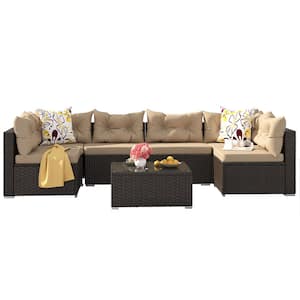 7-Piece Patio Conversation Sofa Set Furniture Sectional Seating Set with Brown Cushion & Tempered Glass Tabletop