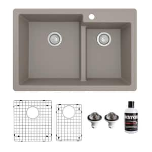 QT-811 Quartz/Granite 33 in. Double Bowl 60/40 Top Mount Drop-in Kitchen Sink in Concrete with Bottom Grid and Strainer